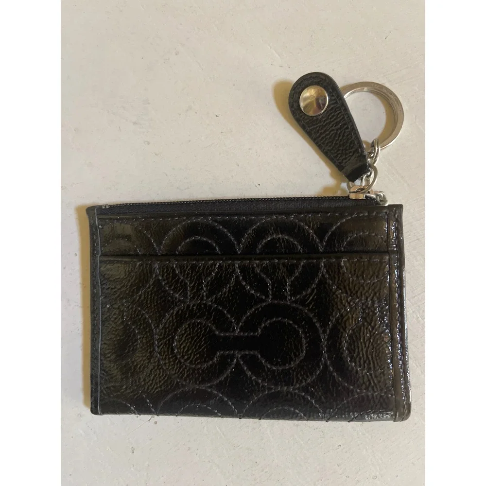 Vtg Coach Black Patent Leather Signature C Mini Skinny ID Case Keychain Wallet